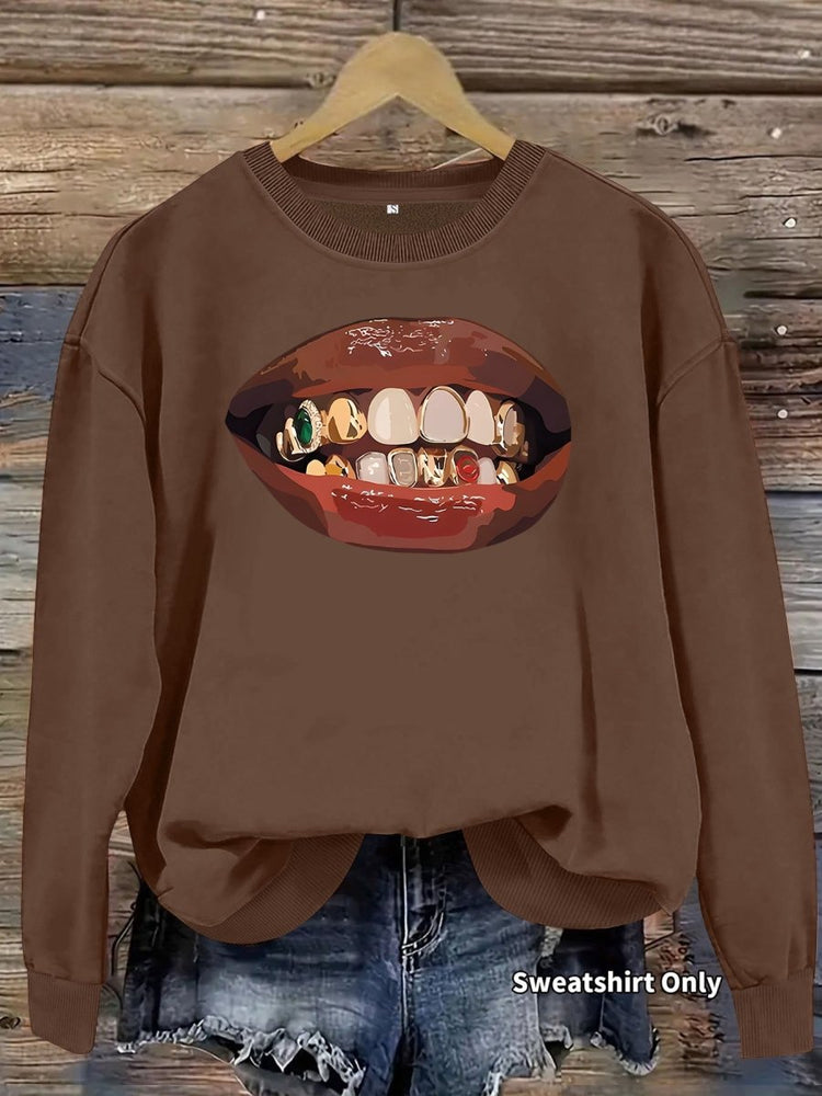 Black lip print loose women's fleece sweatshirt - Premium Fitness & Activewear