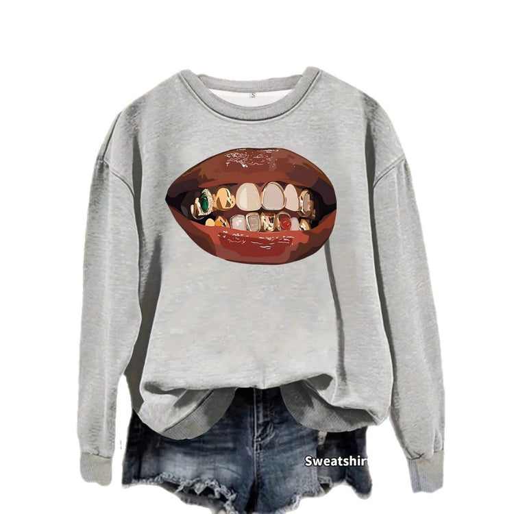 Black lip print loose women's fleece sweatshirt - Premium Fitness & Activewear