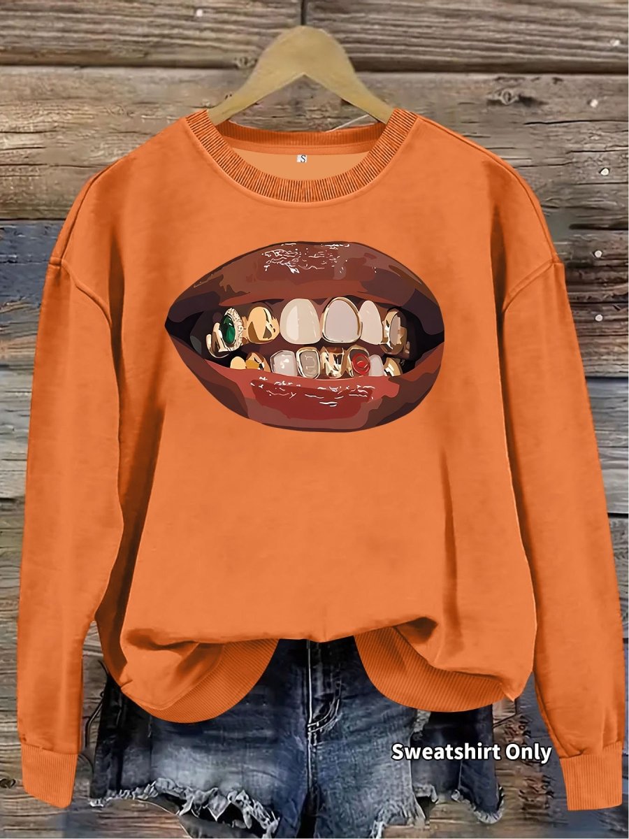 Black lip print loose women's fleece sweatshirt - Premium Fitness & Activewear