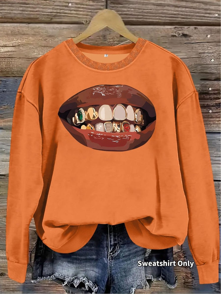 Black lip print loose women's fleece sweatshirt - Premium Fitness & Activewear
