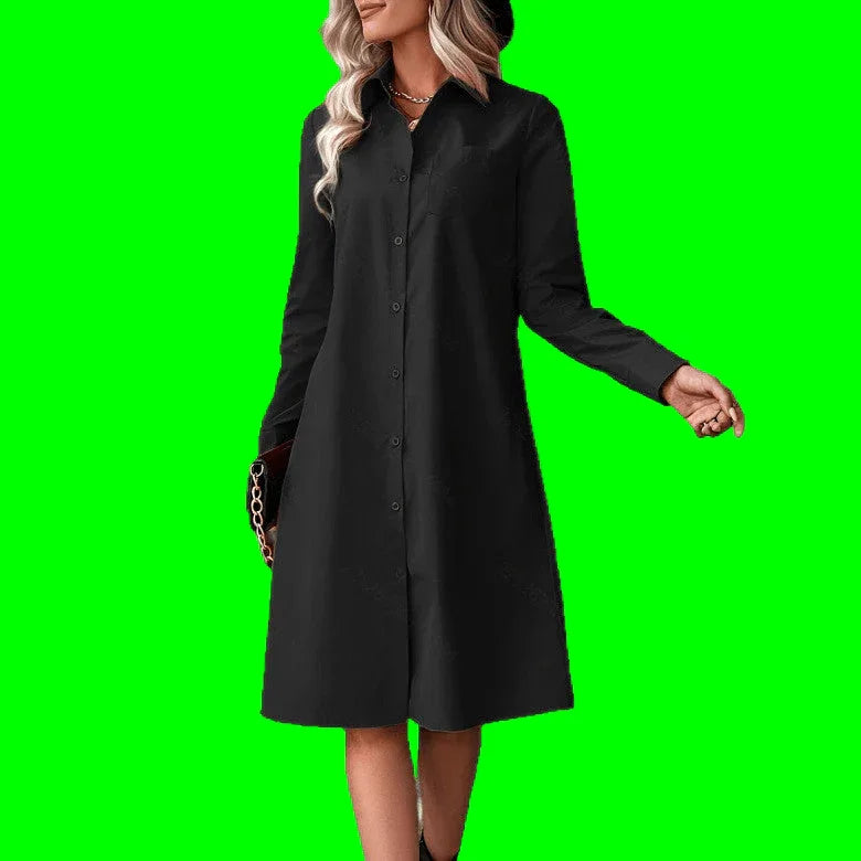 Black Slimming Shirt Dress with Drawstring Waist and A-Line Skirt - Elegant Commuter Style - Allen-Fitness