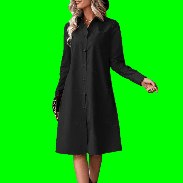 Black Slimming Shirt Dress with Drawstring Waist and A - Line Skirt - Elegant Commuter Style - Allen - Fitness