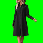 Black Slimming Shirt Dress with Drawstring Waist and A-Line Skirt - Elegant Commuter Style - Allen-Fitness