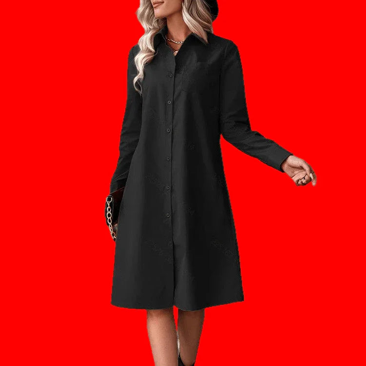 Black Slimming Shirt Dress with Drawstring Waist and A-Line Skirt - Elegant Commuter Style - Allen-Fitness
