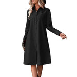 Black Slimming Shirt Dress with Drawstring Waist and A-Line Skirt - Elegant Commuter Style - Allen-Fitness