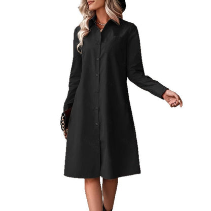 Black Slimming Shirt Dress with Drawstring Waist and A - Line Skirt - Elegant Commuter Style - Allen - Fitness