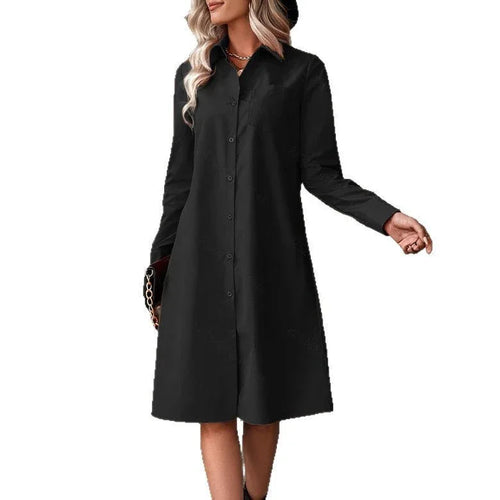 Black Slimming Shirt Dress with Drawstring Waist and A-Line Skirt - Elegant Commuter Style