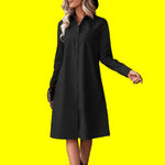 Black Slimming Shirt Dress with Drawstring Waist and A-Line Skirt - Elegant Commuter Style - Allen-Fitness