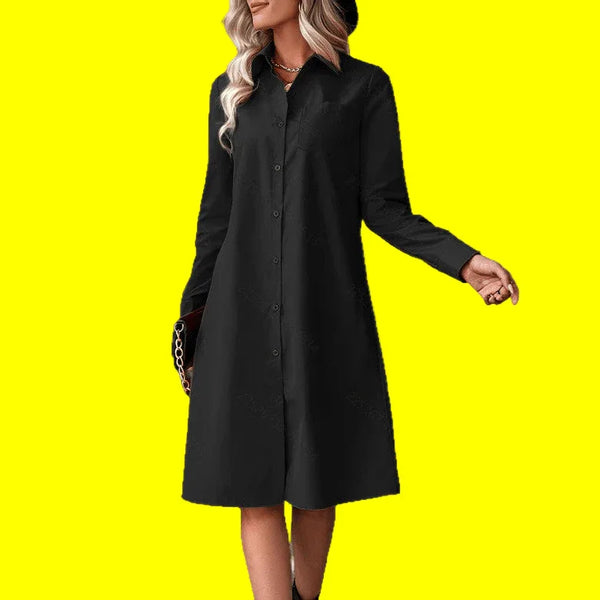 Black Slimming Shirt Dress with Drawstring Waist and A-Line Skirt - Elegant Commuter Style