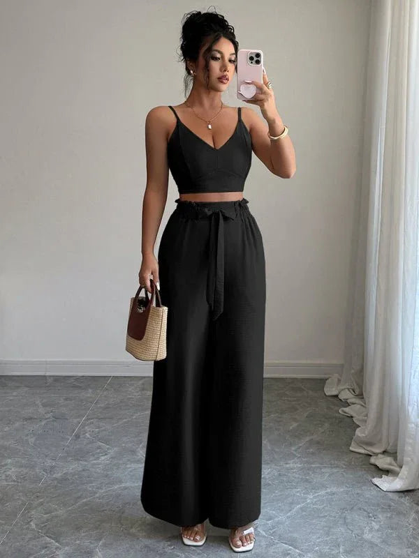 Black Suspender Vest Set with Wide-Leg Pants – Stylish and Comfortable Two-Piece Outfit