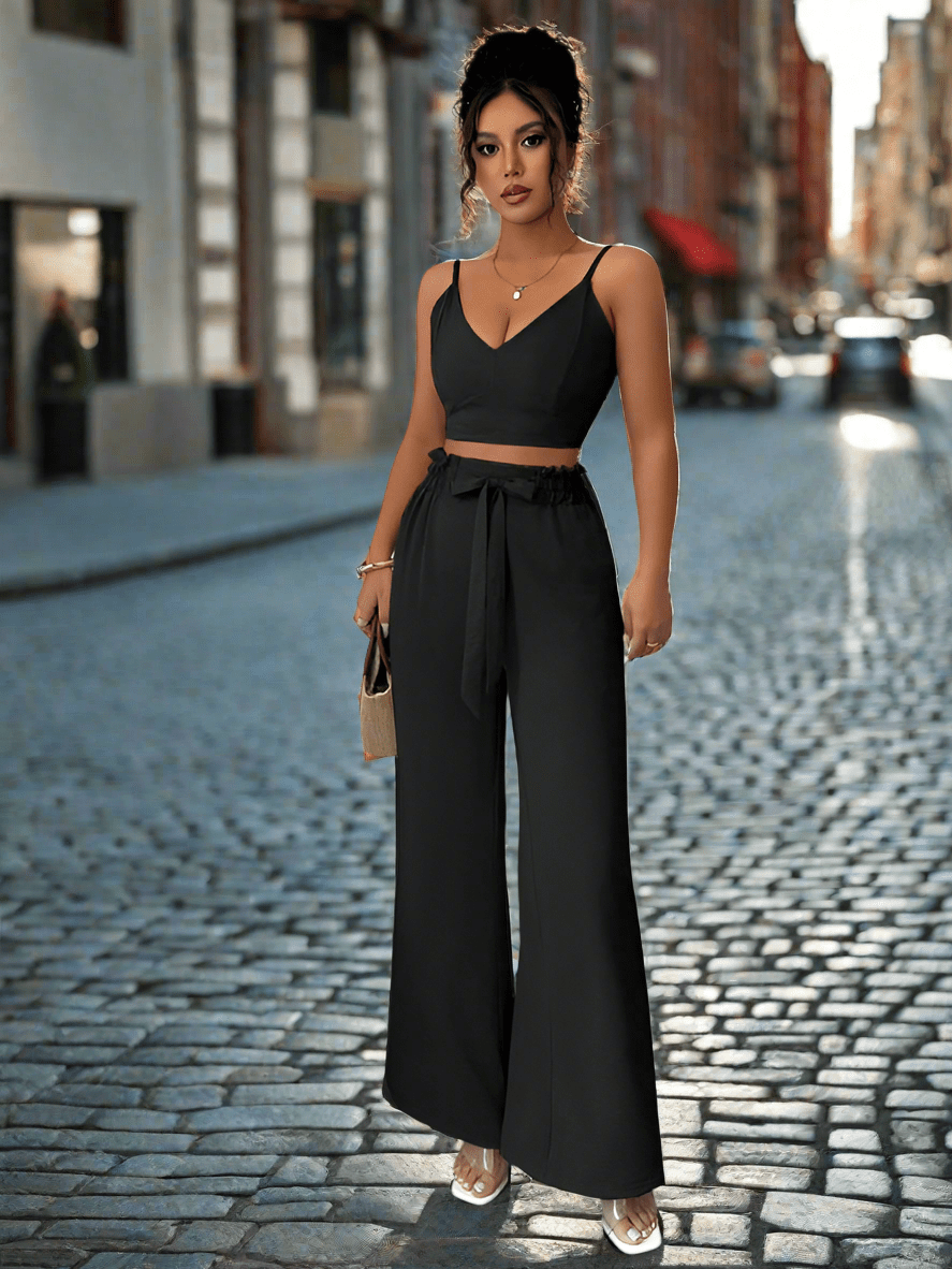 Black Suspender Vest Set with Wide - Leg Pants – Stylish and Comfortable Two - Piece Outfit - Allen - Fitness