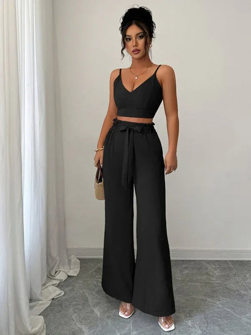 Black Suspender Vest Set with Wide-Leg Pants – Stylish and Comfortable Two-Piece Outfit