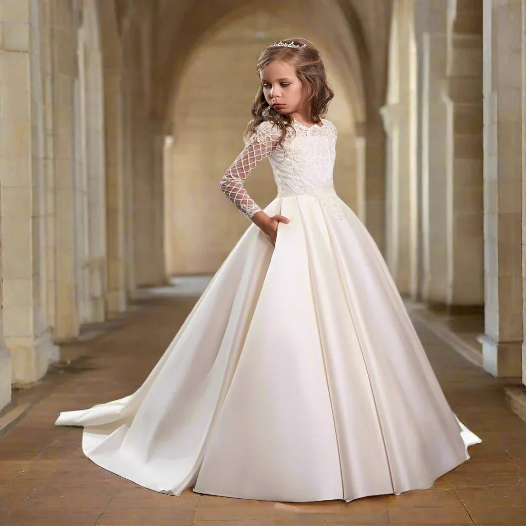 Bridal Flower Girl Dress Long Sleeve Champagne White Polyester Customized Size Options - Allen-Fitness