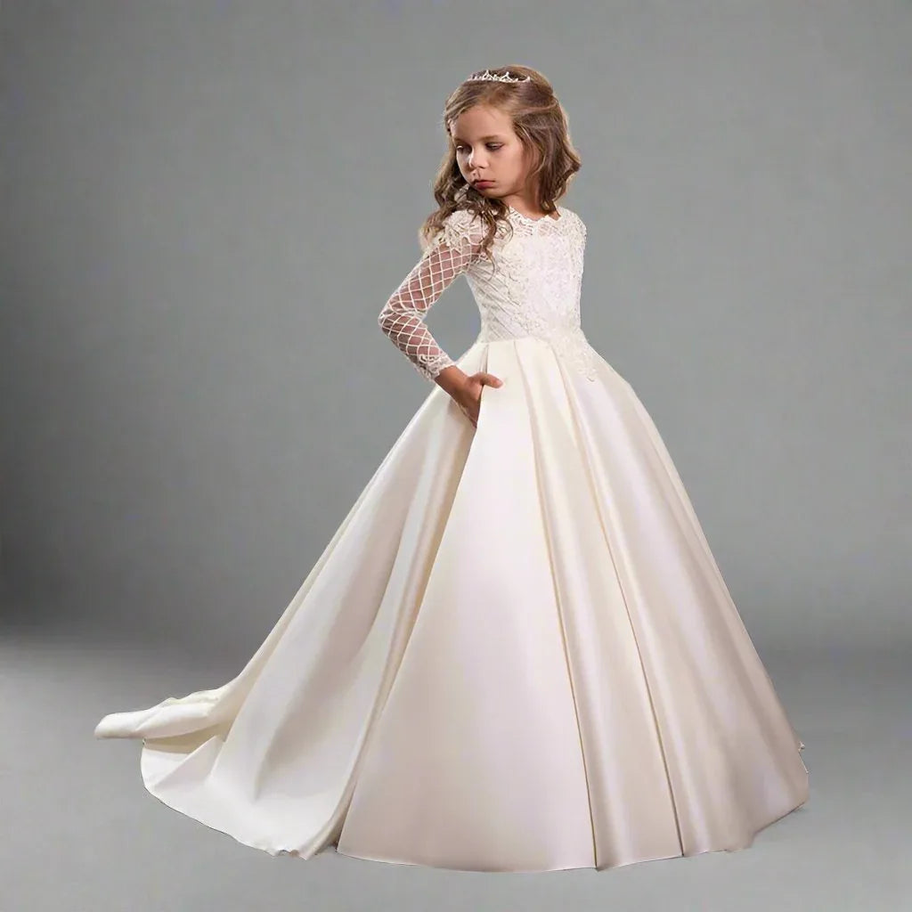 Bridal Flower Girl Dress Long Sleeve Champagne White Polyester Customized Size Options - Allen-Fitness