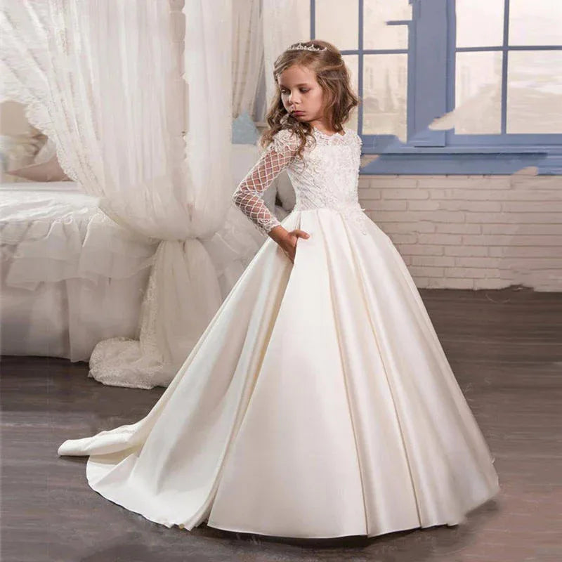 Bridal Flower Girl Dress Long Sleeve Champagne White Polyester Customized Size Options - Allen-Fitness
