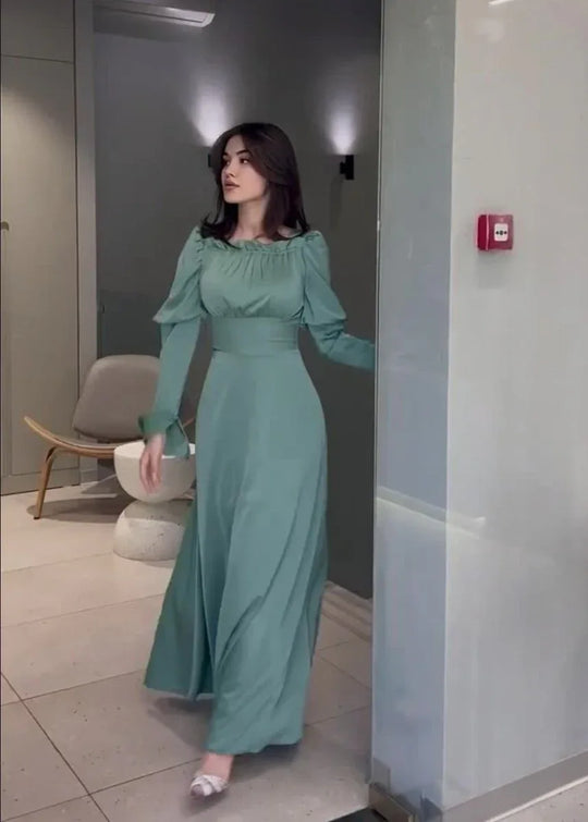 Bubble Collar Wooden Ear Waist Tight Solid Color Long Sleeve Dress - Allen-Fitness