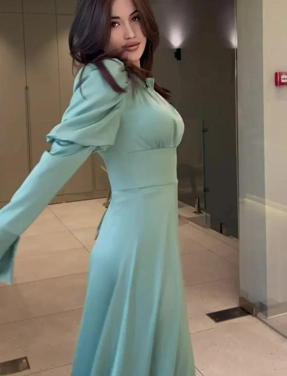 Bubble Collar Wooden Ear Waist Tight Solid Color Long Sleeve Dress - Allen-Fitness