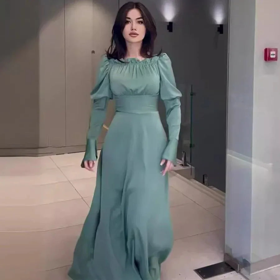 Bubble Collar Wooden Ear Waist Tight Solid Color Long Sleeve Dress - Allen-Fitness