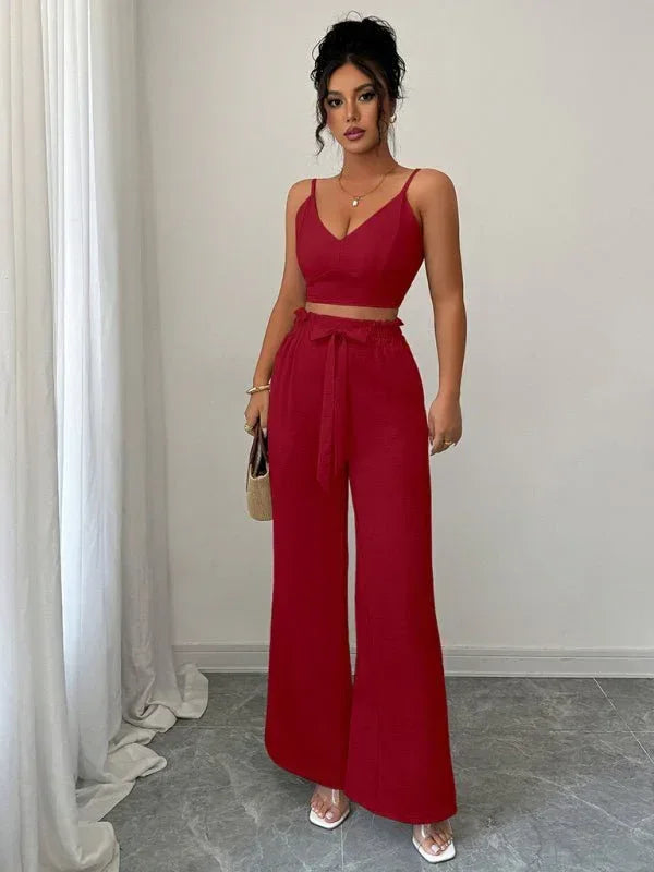 Burgundy suspender vest wide-leg pants two-piece set - Allen-Fitness
