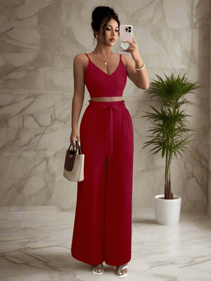 Burgundy suspender vest wide - leg pants two - piece set - Allen - Fitness