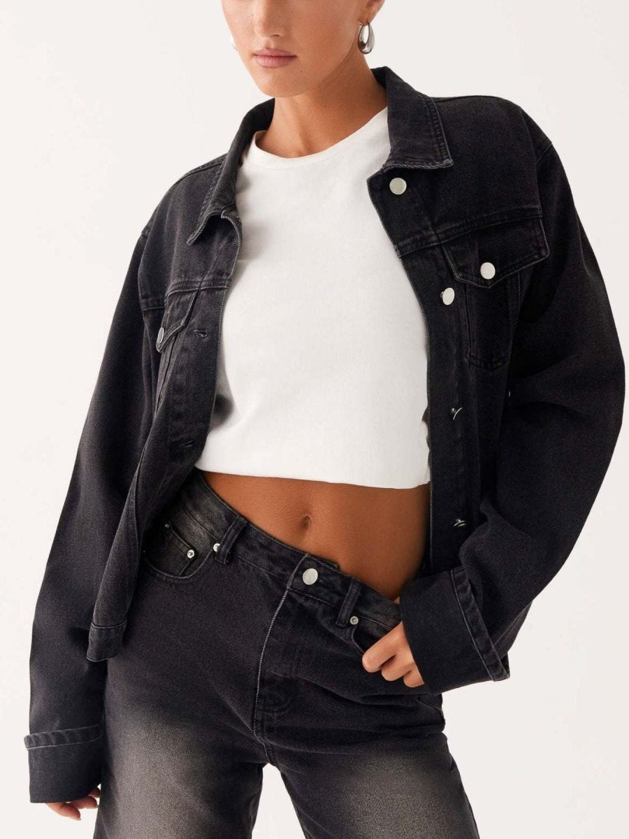 Button Down Cropped Oversized Denim Jacket - Allen Fitness | Running Shoes, Leggings &amp; Activewear UK