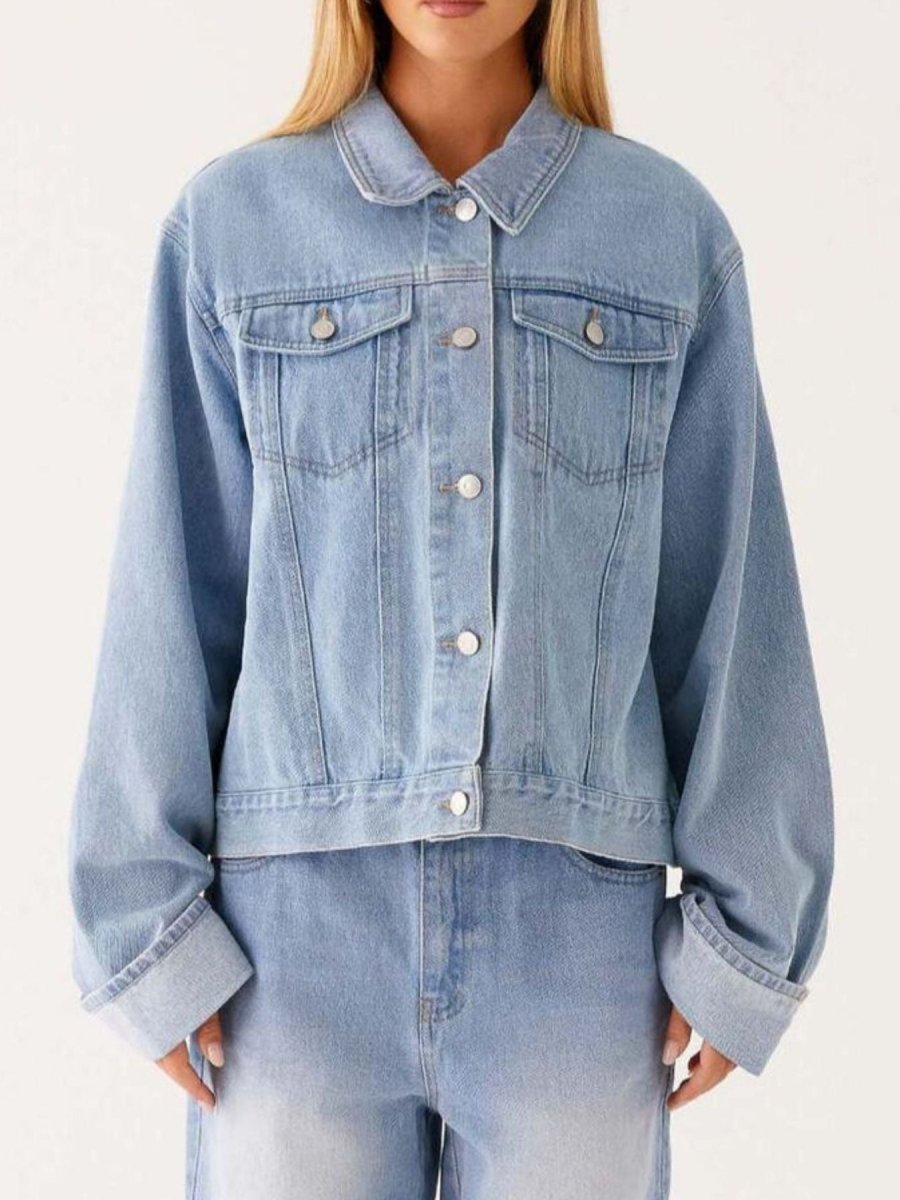 Button Down Cropped Oversized Denim Jacket - Allen Fitness | Running Shoes, Leggings &amp; Activewear UK