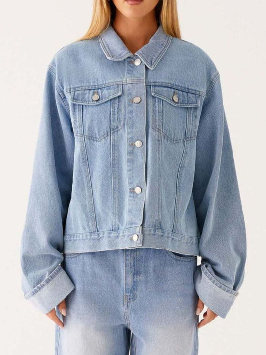 Button Down Cropped Oversized Denim Jacket - Allen Fitness | Running Shoes, Leggings &amp; Activewear UK