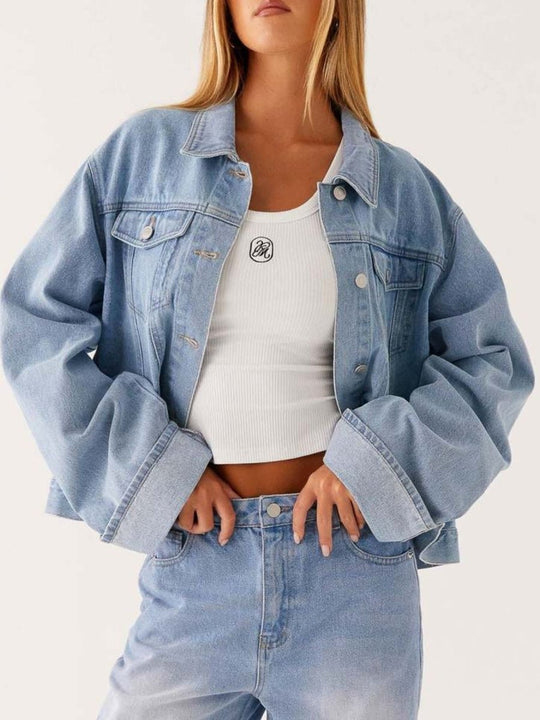 Button Down Cropped Oversized Denim Jacket - Allen Fitness | Running Shoes, Leggings &amp; Activewear UK