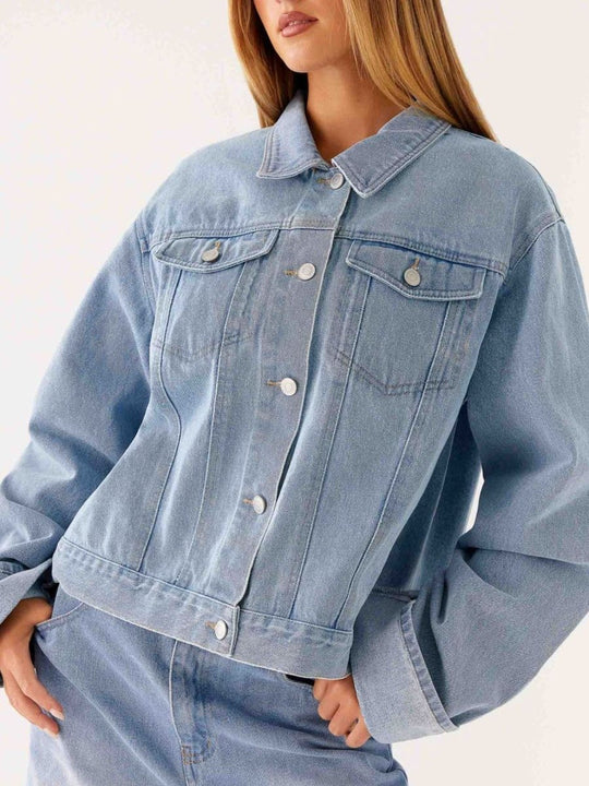 Button Down Cropped Oversized Denim Jacket - Allen Fitness | Running Shoes, Leggings &amp; Activewear UK