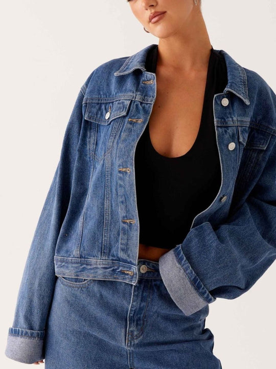 Button Down Cropped Oversized Denim Jacket - Allen Fitness | Running Shoes, Leggings &amp; Activewear UK