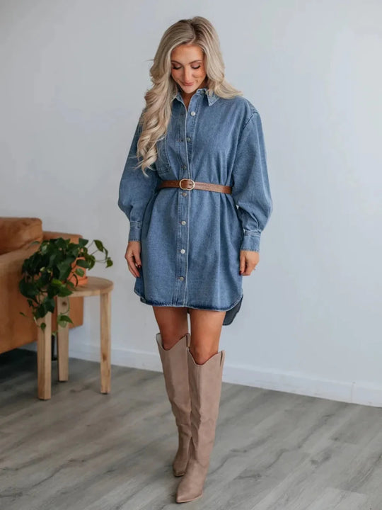 Button Up Collared Neck Long Sleeve Denim Dress - UK