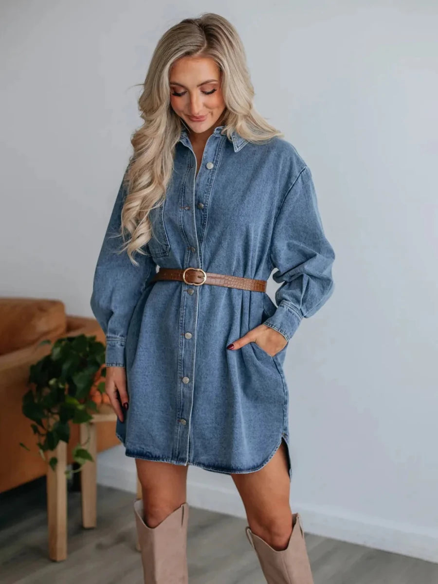 Button Up Collared Neck Long Sleeve Denim Dress - UK