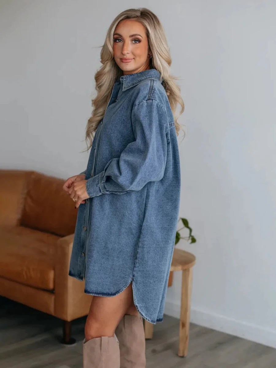 Button Up Collared Neck Long Sleeve Denim Dress - UK