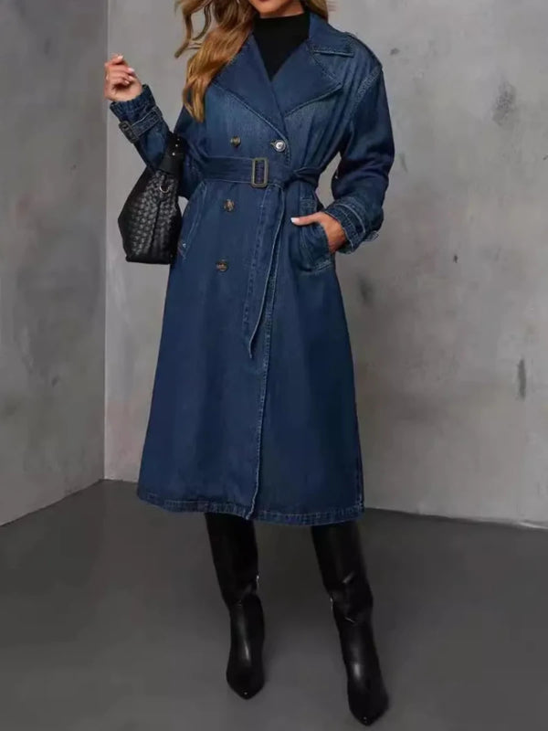 Button-Up Longline Denim Jacket – Women's Dark Wash Long Sleeve Coat S–XL