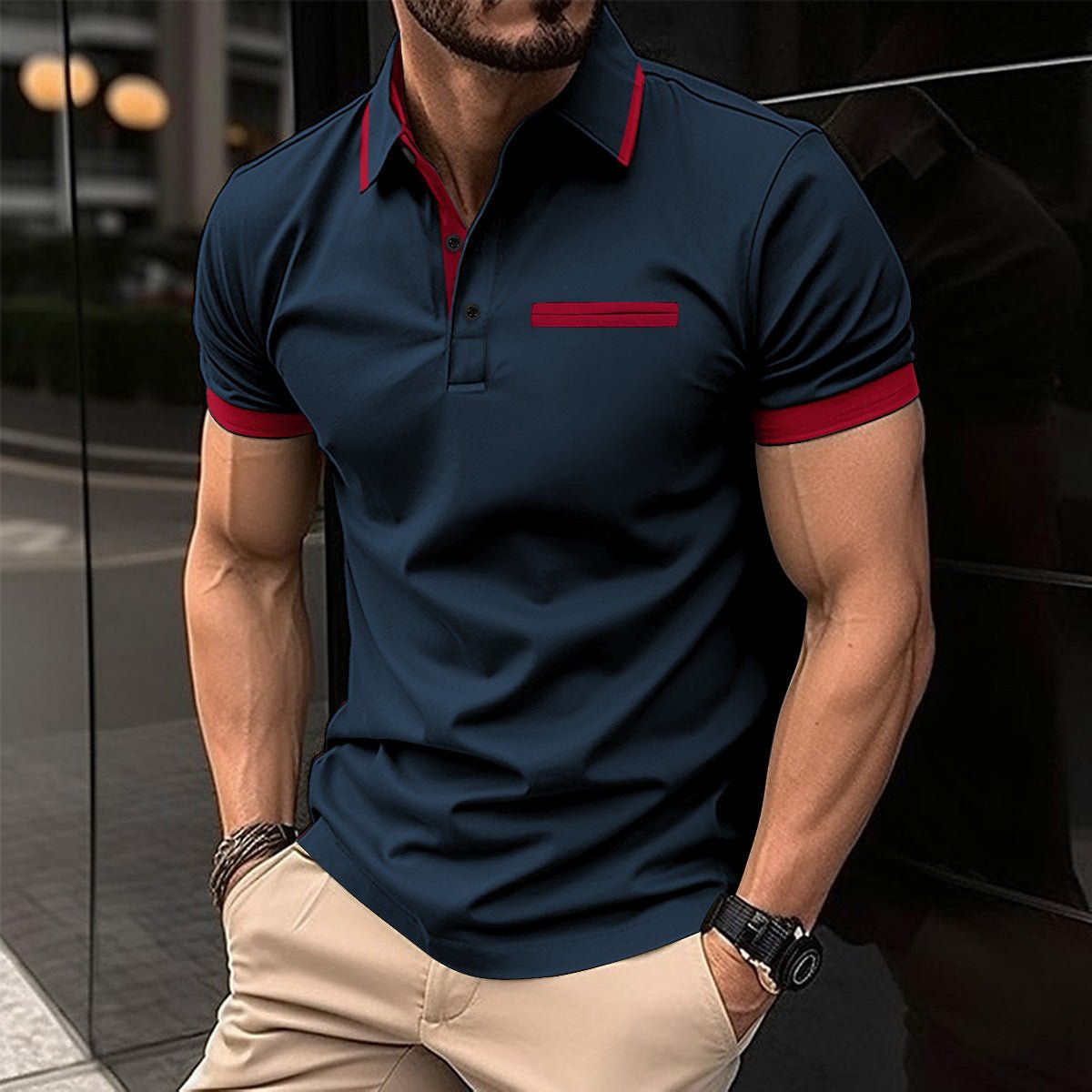 Casual lapel polo shirt with fake chest pocket, lapel button, business versatile men's top - Premium Fitness & Activewear for Men & Women|UK