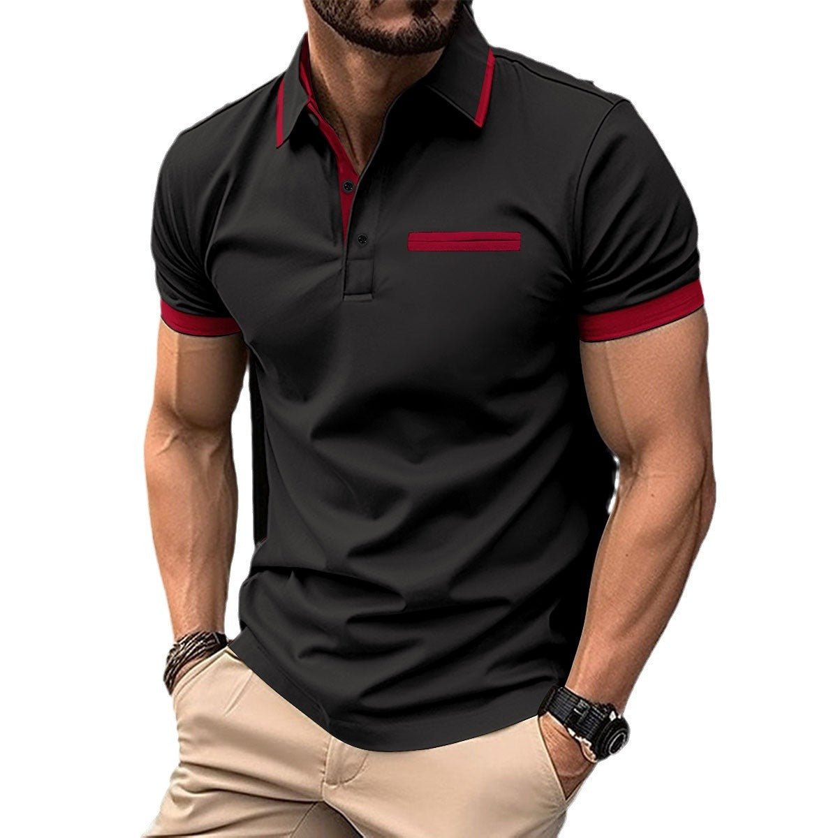 Casual lapel polo shirt with fake chest pocket, lapel button, business versatile men's top - Premium Fitness & Activewear for Men & Women|UK