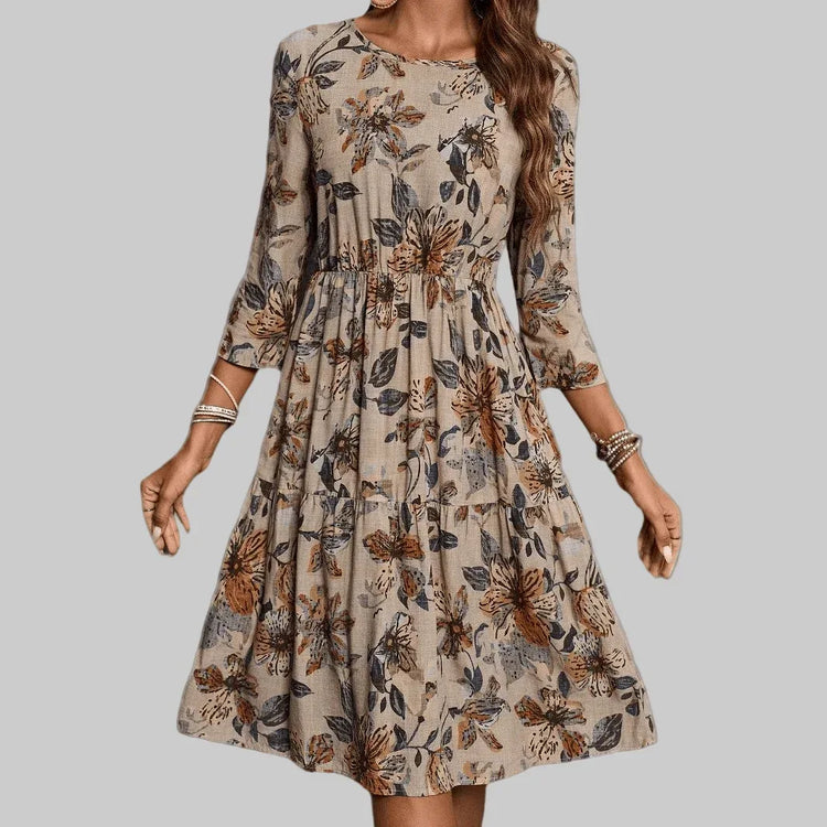 Casual Summer Dress for Women - Floral Printed A-Line Mid-Length Cotton Linen Dress - Allen-Fitness