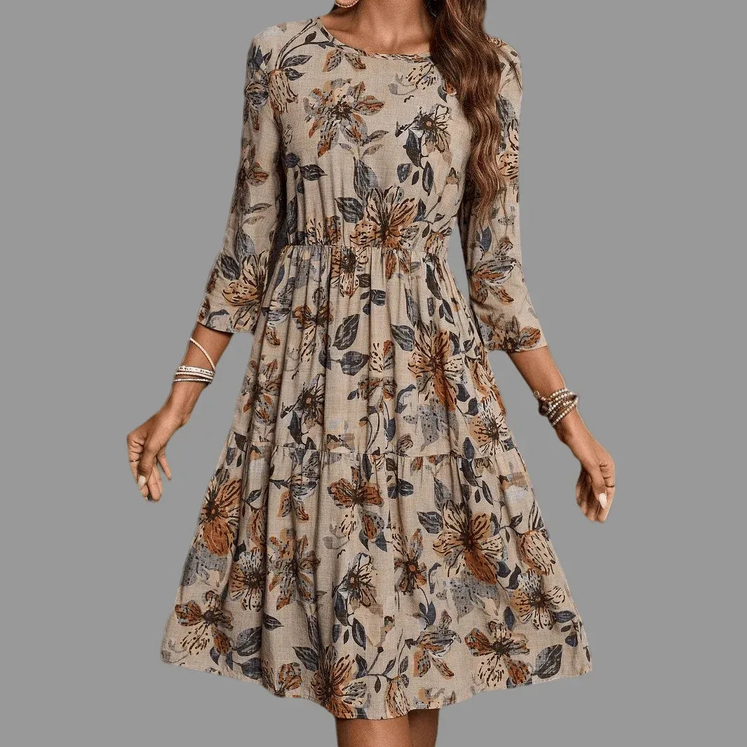 Casual Summer Dress for Women - Floral Printed A-Line Mid-Length Cotton Linen Dress - Allen-Fitness