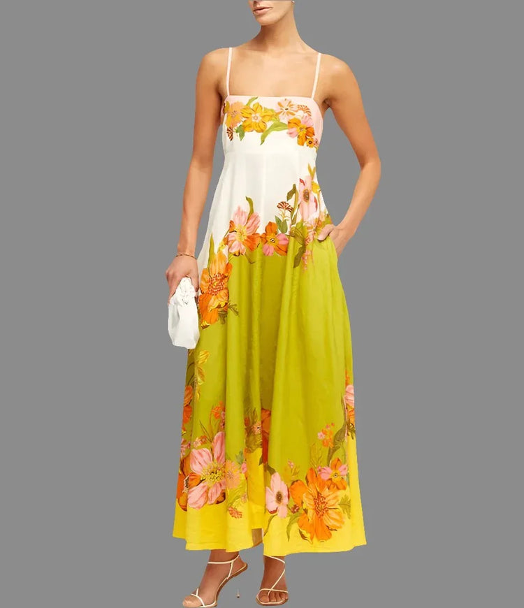 Casual Summer Dress For Women - High Waist Sleeveless Linen Swing Dress in Elegant Print - Allen-Fitness