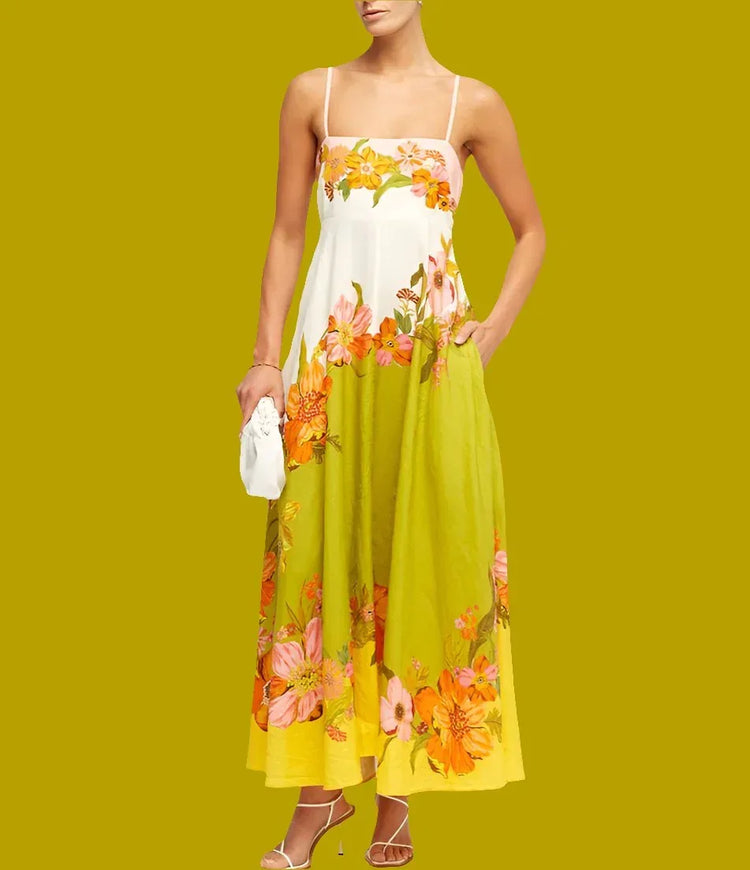 Casual Summer Dress For Women - High Waist Sleeveless Linen Swing Dress in Elegant Print - Allen-Fitness