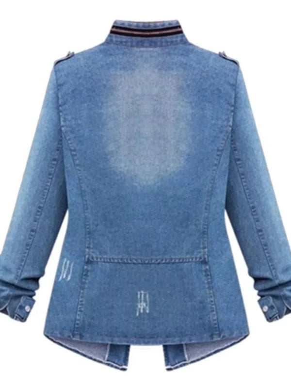 Chest Pocket Zip-Up Denim Jacket – Women's Distressed Denim S–3XL