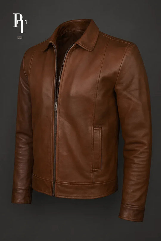 Classic Brown Leather Jacket for Men - Premium Sheep Leather, Adjustable Cuffs, Timeless Design - Allen-Fitness