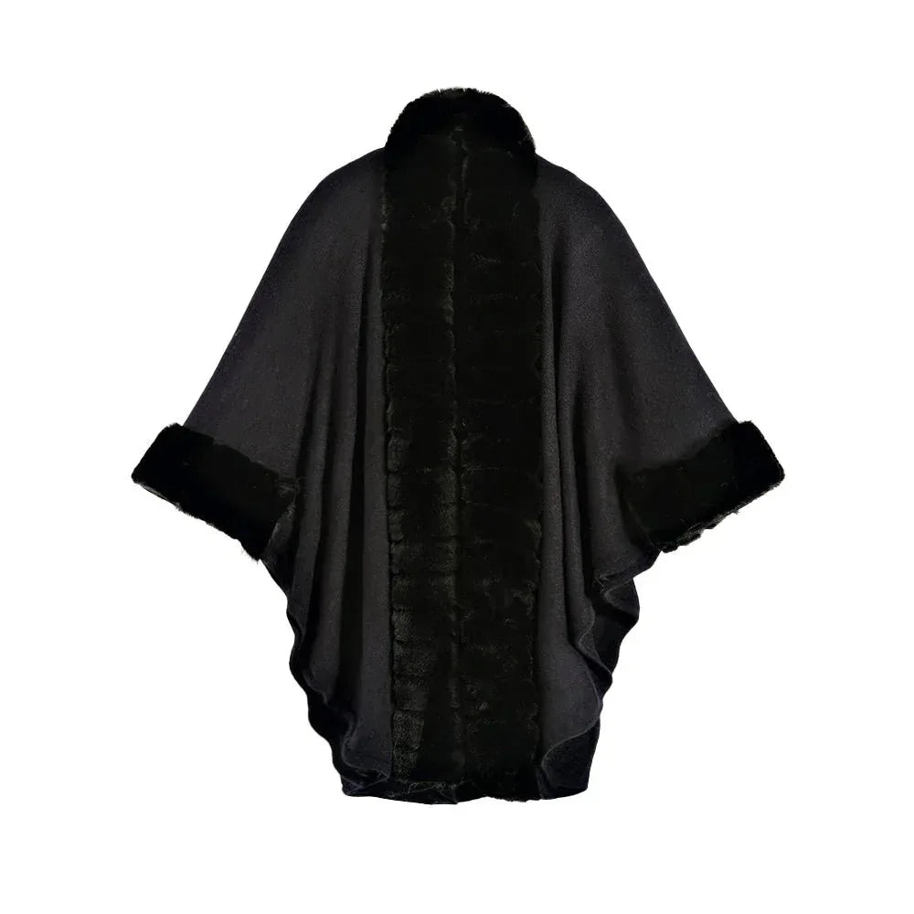 Classic Oversized Knit Coat With Artificial Rabbit Fur Collar - Elegant Pullover Cloak in Monochrome - Allen-Fitness