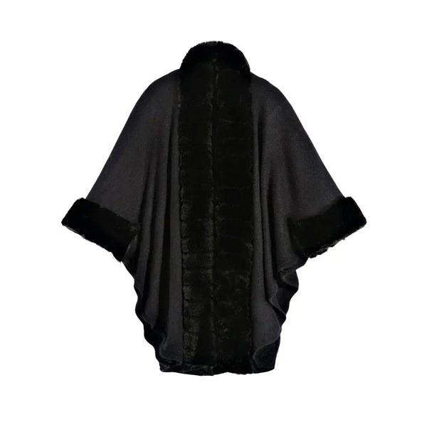 Classic Oversized Knit Coat With Artificial Rabbit Fur Collar - Elegant Pullover Cloak in Monochrome