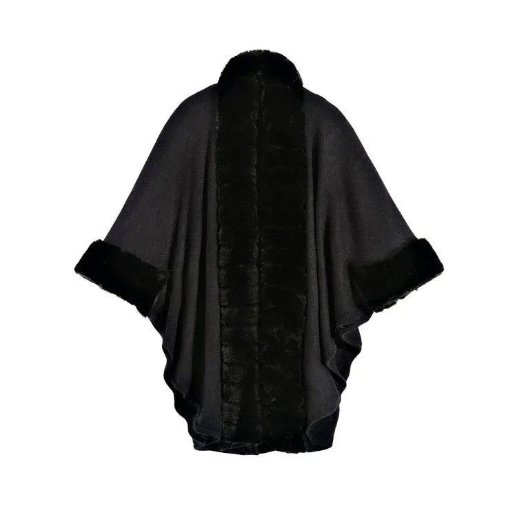 Classic Oversized Knit Coat With Artificial Rabbit Fur Collar - Elegant Pullover Cloak in Monochrome - Allen-Fitness