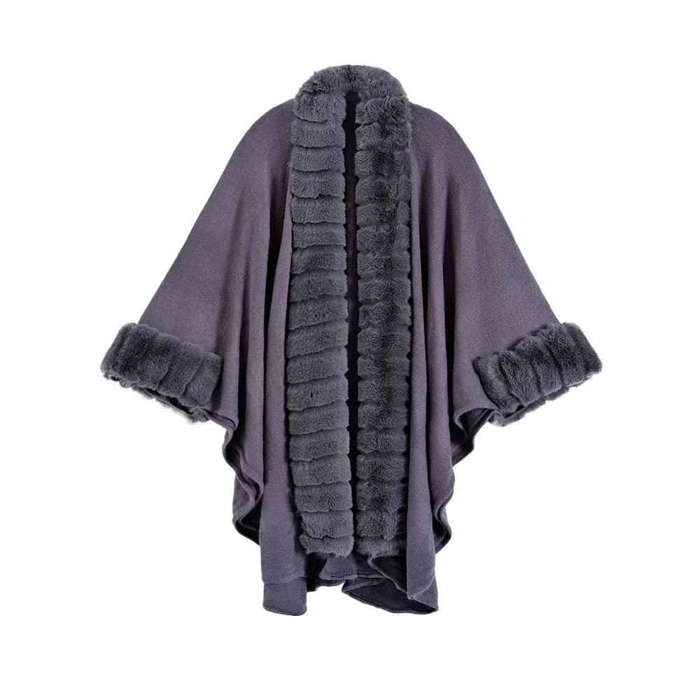 Classic Oversized Knit Coat With Artificial Rabbit Fur Collar - Elegant Pullover Cloak in Monochrome - Allen-Fitness
