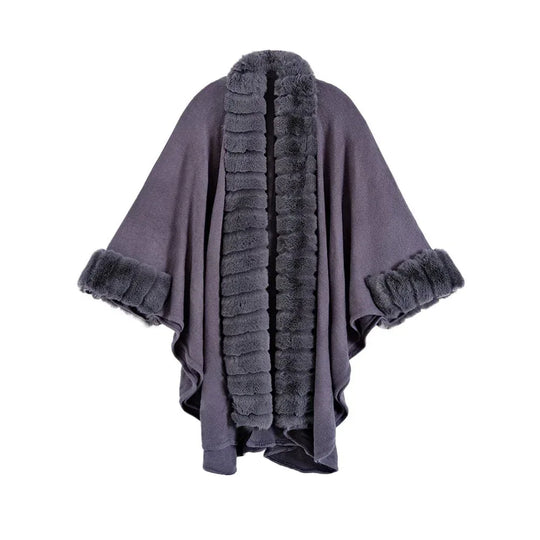 Classic Oversized Knit Coat With Artificial Rabbit Fur Collar - Elegant Pullover Cloak in Monochrome - Allen-Fitness