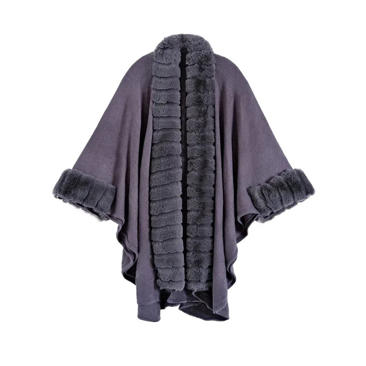Classic Oversized Knit Coat With Artificial Rabbit Fur Collar - Elegant Pullover Cloak in Monochrome - Allen-Fitness