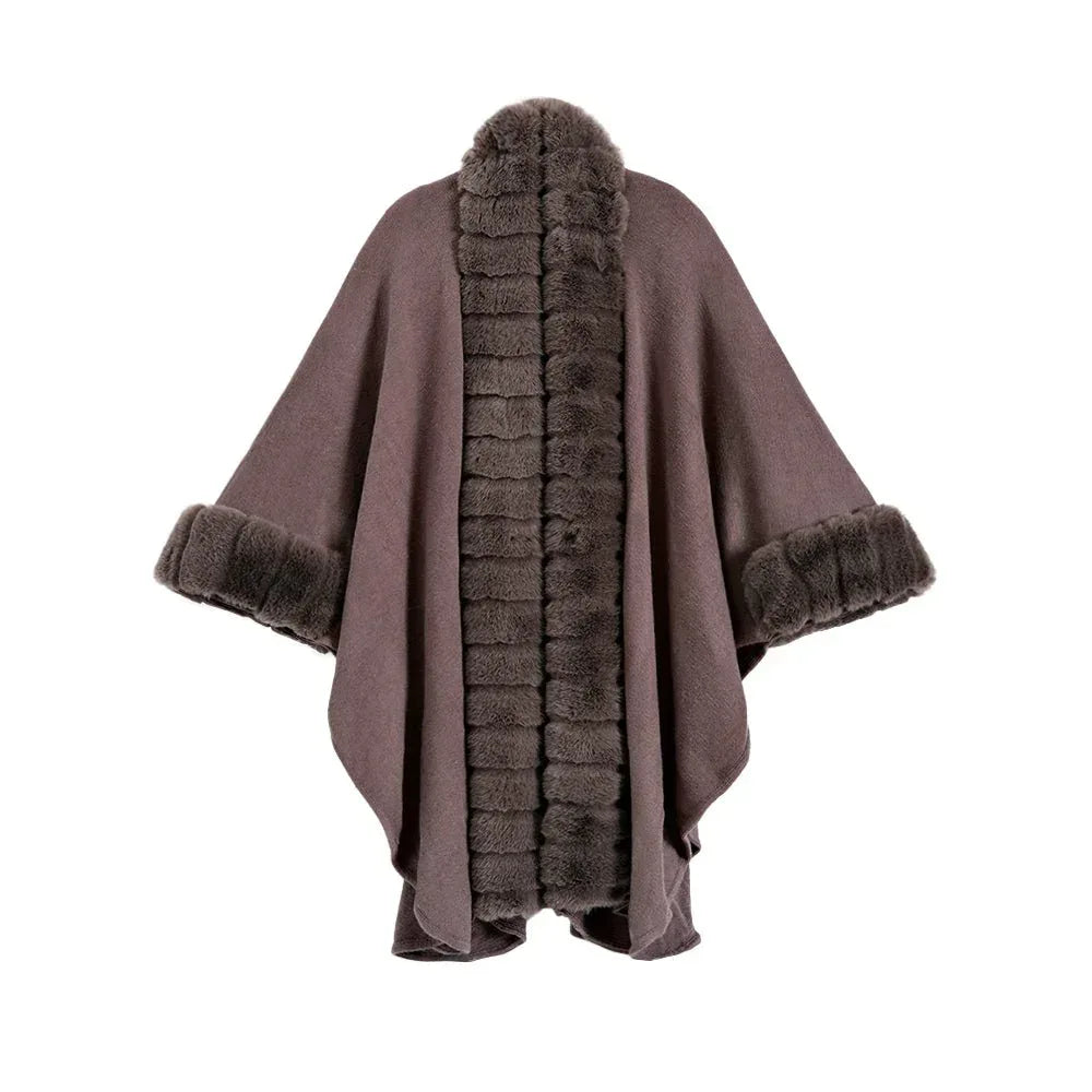 Classic Oversized Knit Coat With Artificial Rabbit Fur Collar - Elegant Pullover Cloak in Monochrome - Allen-Fitness