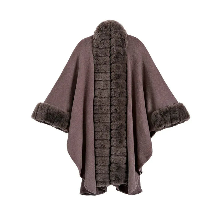 Classic Oversized Knit Coat With Artificial Rabbit Fur Collar - Elegant Pullover Cloak in Monochrome - Allen-Fitness